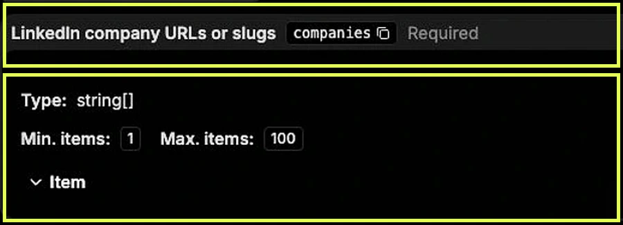 Input tab of the Curly LinkedIn Jobs Scraper with the required companies field highlighted