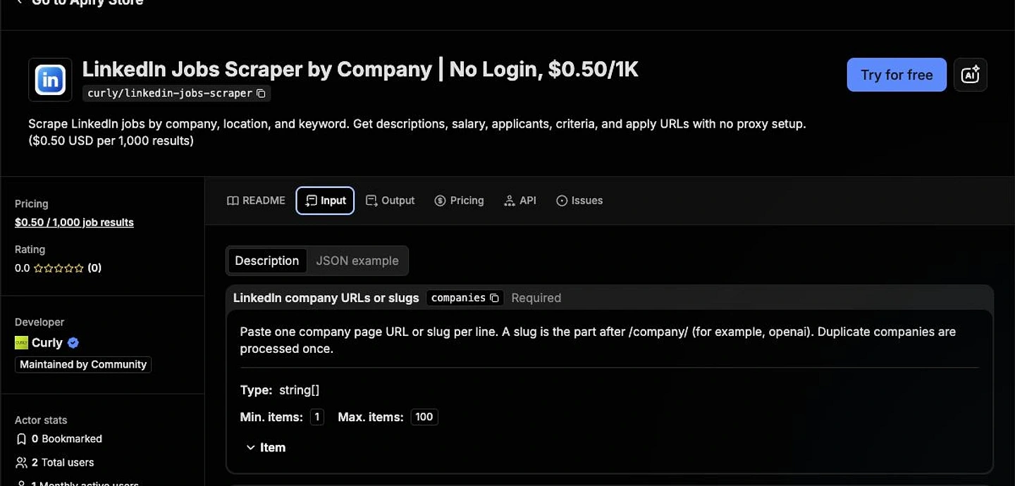 Input tab of the Curly LinkedIn Jobs Scraper with the required companies field highlighted