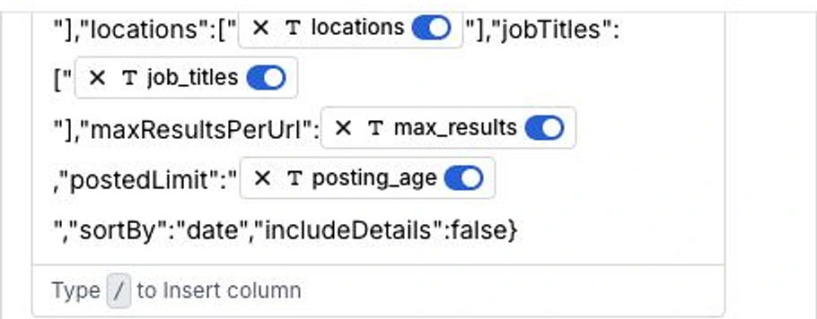 Clay Actor input showing location, job title, result limit, and posting age column pills outlined