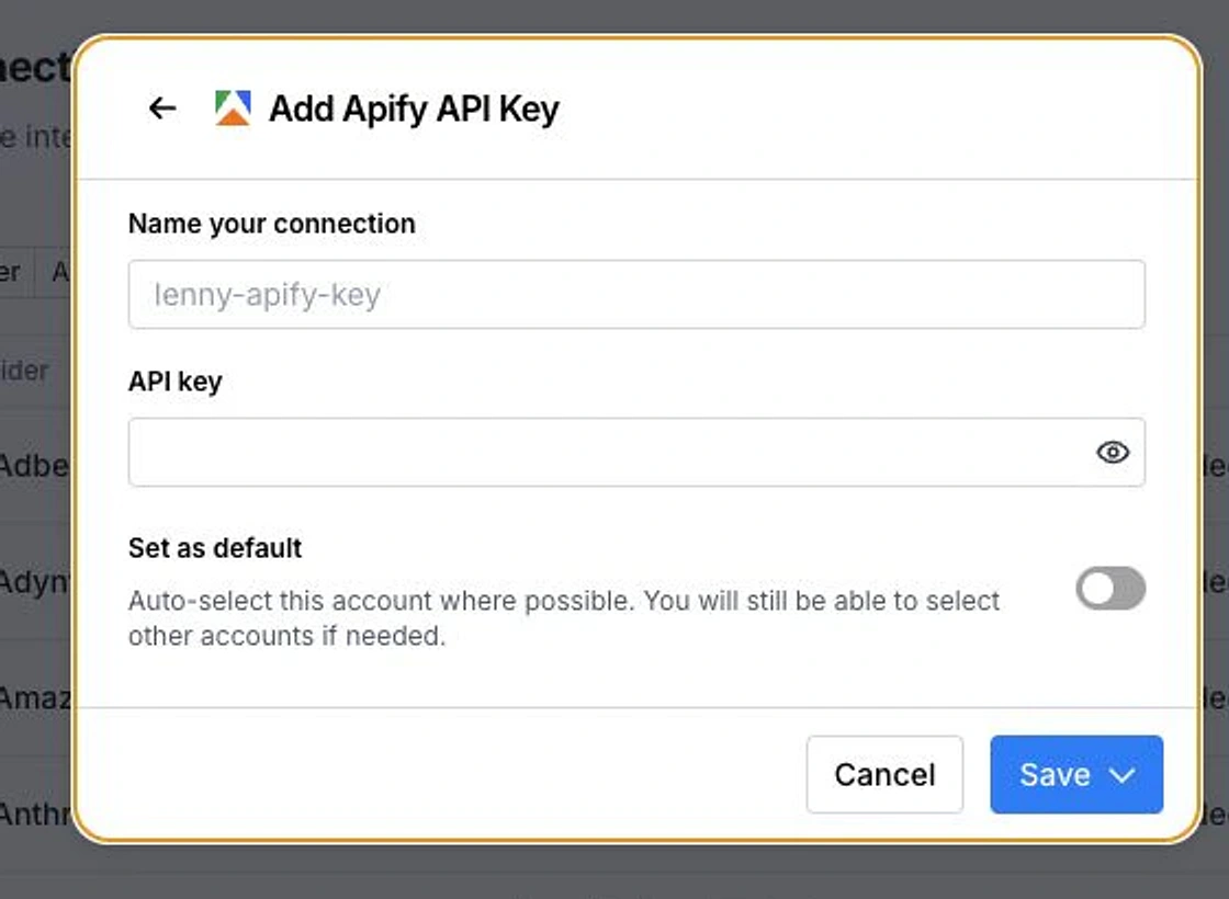 Clay Add Apify API Key dialog with the private API key field highlighted