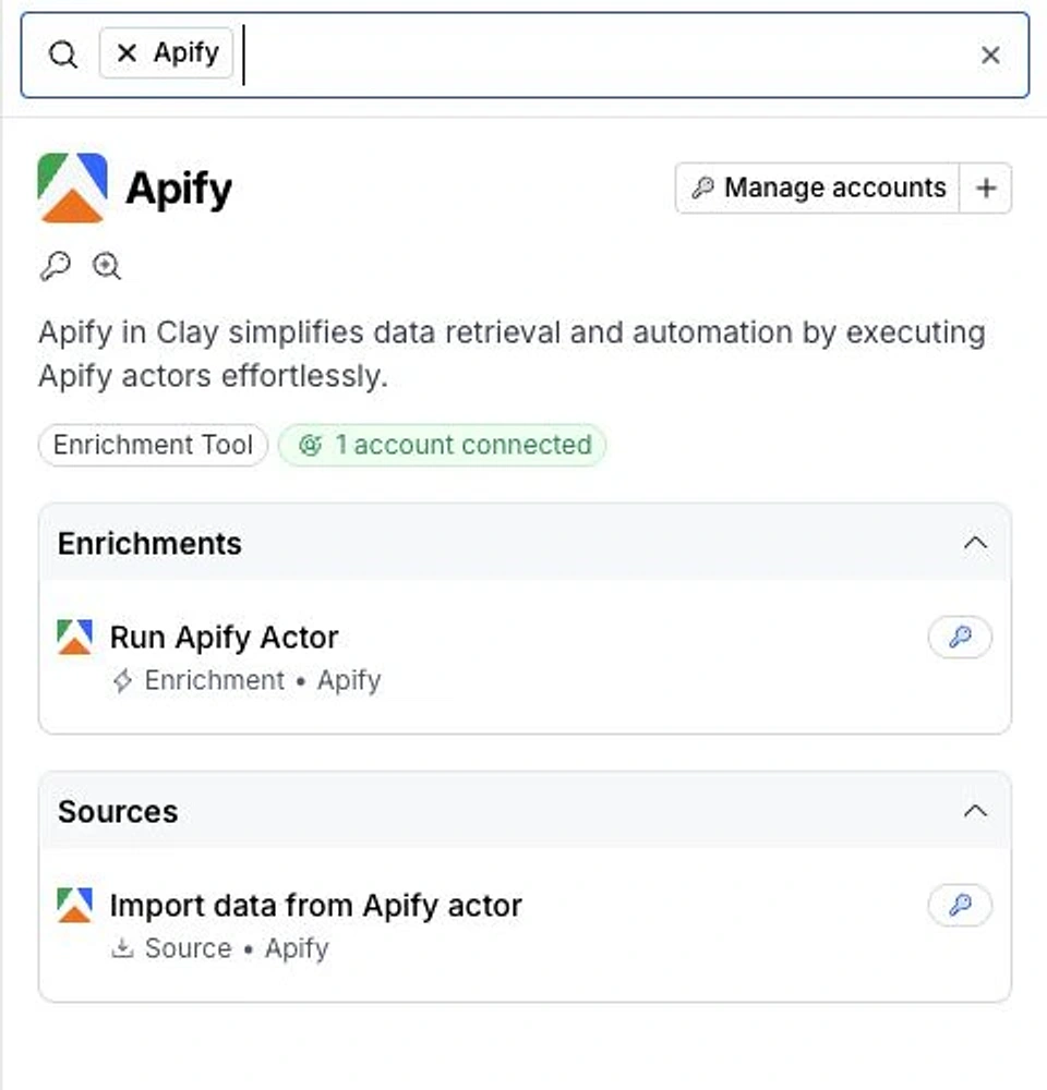 Clay Apify integration menu with Run Apify Actor highlighted under Enrichments