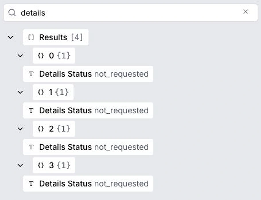 Clay result search showing details_status equal to not_requested for all four jobs