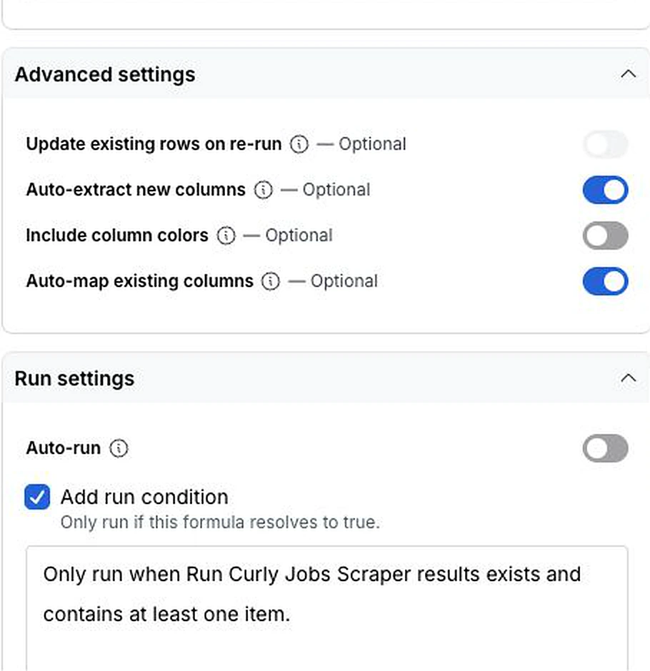 Clay routing settings with Auto-extract new columns enabled, Auto-run disabled, and a non-empty Results condition configured