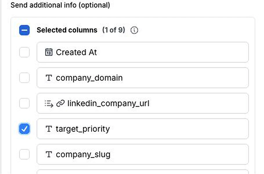 Clay routing action with All columns disabled, source Created At unchecked, and only target priority selected