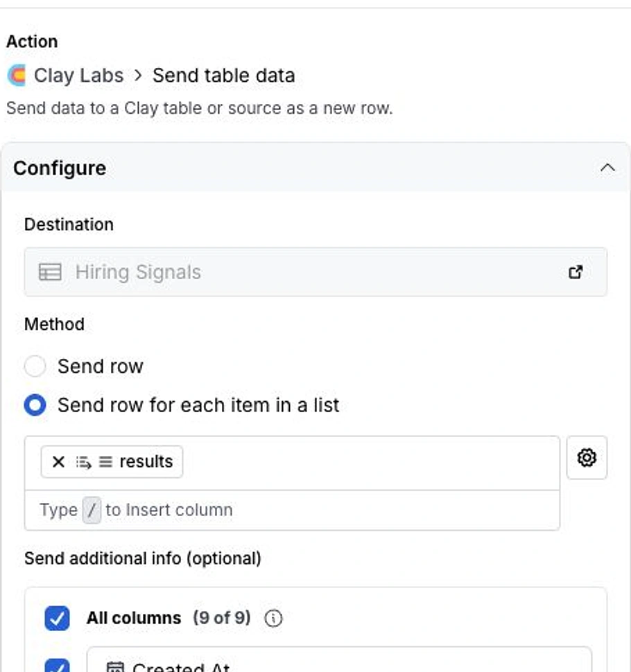 Clay Send table data action showing Hiring Signals as the destination, Send row for each item in a list selected, and Results inserted