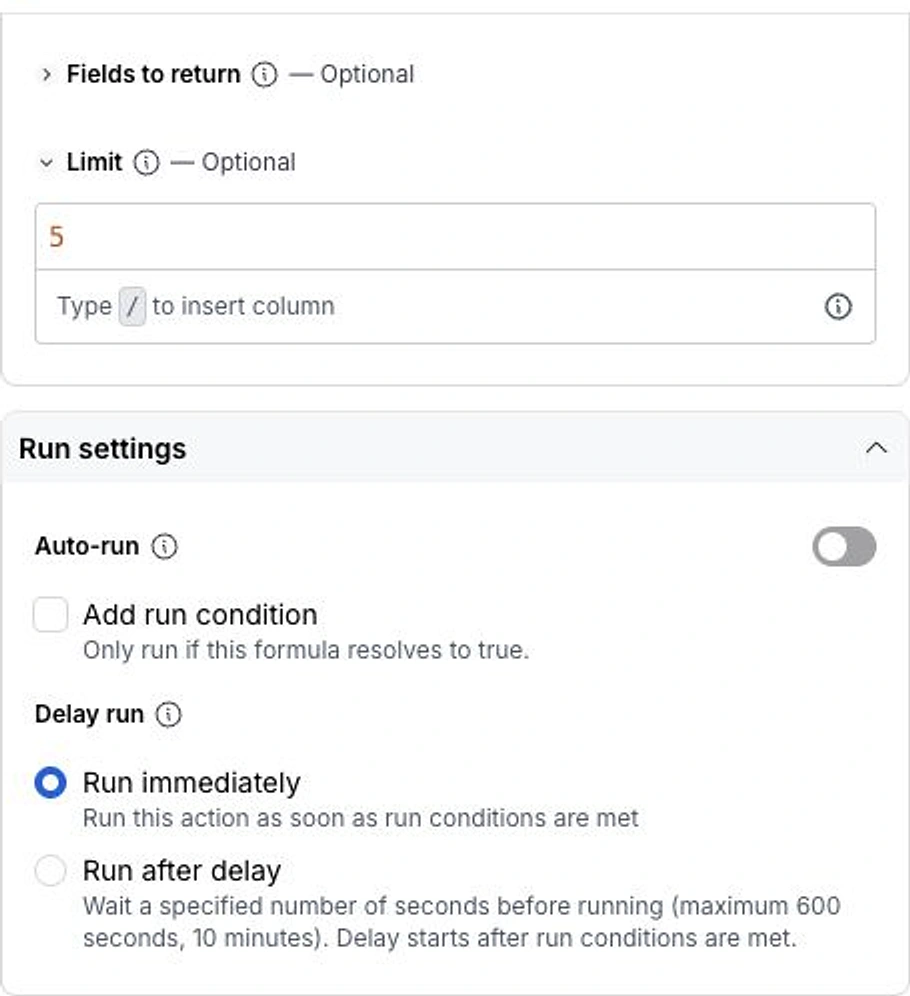 Clay action settings with Fields to return empty, Limit five, Auto-run disabled, and Run immediately visible