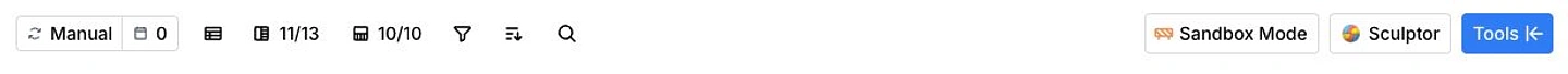 Clay table toolbar with Manual mode and Sandbox Mode outlined