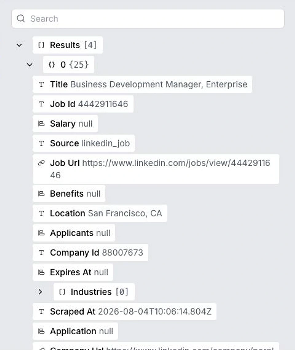 Expanded Clay source cell showing the Results list, title, job ID, job URL, location, and scrape timestamp